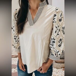 Cream Blouse with Black Floral Design